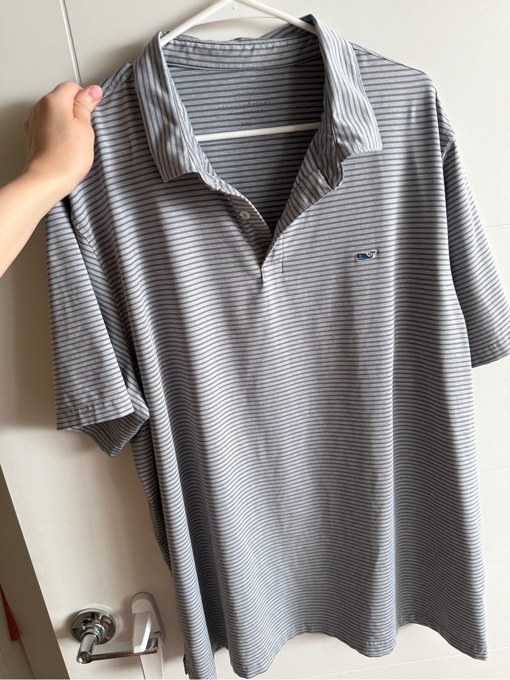 Vineyard Vines Grey Striped Polo with Blue Whale Logo